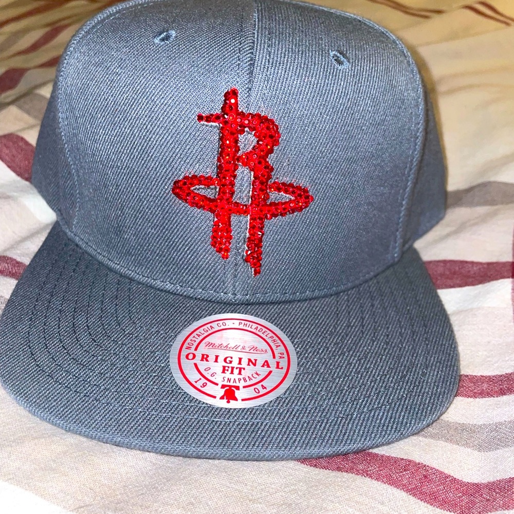 Rhinestone Houston Rockets Mitchell and Ness Gray SnapBack hat